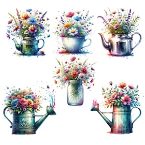 Può includere: Cinque illustrazioni ad acquerello di diversi arrangiamenti floreali in vari contenitori. I contenitori includono un annaffiatoio, una teiera, un barattolo di vetro, una tazza e una brocca di metallo. I fiori sono colorati e vivaci, con una varietà di colori e forme.