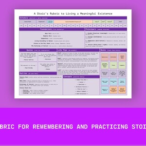 May include: A purple and white printable chart titled "A Stoic's Rubric to Living a Meaningful Existence". The chart is divided into sections with headings such as "Foundations", "Principles", "Quotes", "Life Tips", "Dailles", "Concepts", and "Books".