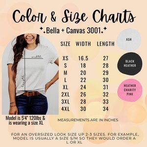 Color and size chart for a Bella+Canvas 3001 unisex t-shirt on a peach background. Sizes XS–4XL are shown with measurements in inches: XS 16.5” width x 27” length, S 18” x 28”, M 20” x 29”, L 22” x 30”, XL 24” x 31”, 2XL 26” x 32”, 3XL 28” x 33”, 4XL 30” x 34”. Color options include Ash, Black Heather, and Heather Charity Pink. A diagram shows how width and length are measured, with a note recommending sizing up for an oversized fit.