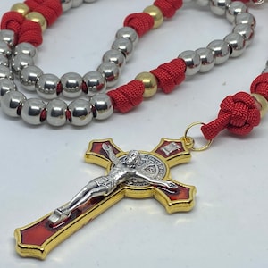 Red Paracord Catholic Rosary With St. Benedict Medal Stainless Steel Beads and Brass Beads, Catholic Paracord Rosary
