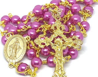 Unbreakable Pink Pearl Catholic Rosary, Pink Unbreakable Catholic Rosary, Pink and Gold Unbreakable Wirewrapped Catholic Rosary