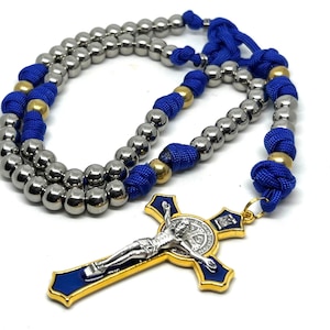 Blue Paracord Catholic Rosary Stainless Steel Beads and Brass Beads Catholic Paracord Rosary, Silver and Brass Blue Catholic Paracord Rosary