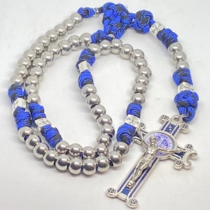 Blue and Black St. Benedict Paracord Catholic Rosary, Paracord Rosary, St. Benedict Paracord Rosary, Stainless Steel Rosary