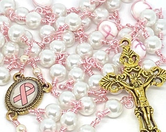 Unbreakable White and Pink Catholic Breast Cancer Awareness Rosary