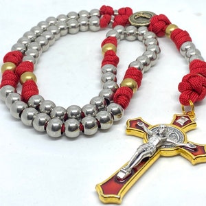 Brass and Stainless Steel Red Paracord Catholic Rosary, Red Paracord Rosary, Stainless Steel and Brass Paracord Rosary, Red Paracord Rosary