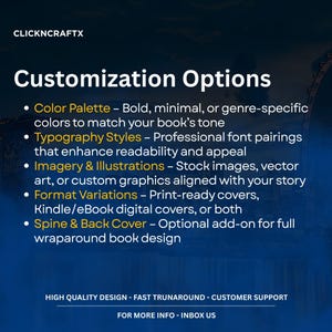 Puede incluir: Imagen con "Opciones de personalizaci&oacute;n" y vi&ntilde;etas que detallan la paleta de colores, los estilos de tipograf&iacute;a, las im&aacute;genes, las variaciones de formato y las opciones de lomo y contraportada. La imagen tambi&eacute;n incluye el texto "HIGH QUALITY DESIGN - FAST TRUNAROUND - CUSTOMER SUPPORT".