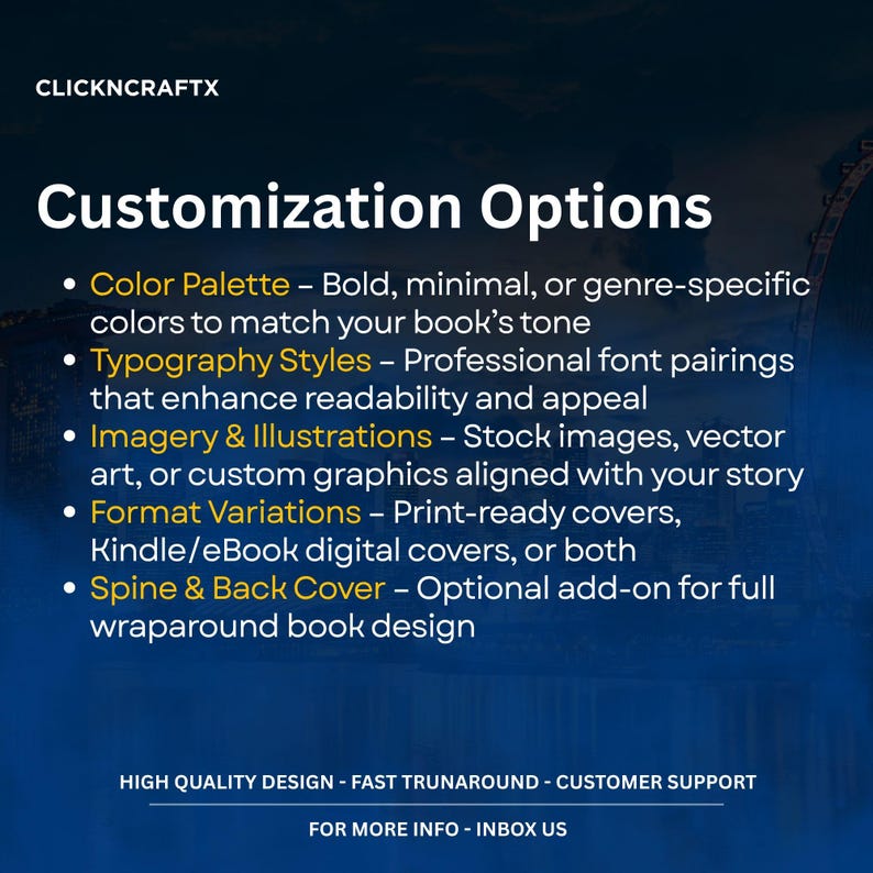Puede incluir: Imagen con "Opciones de personalizaci&oacute;n" y vi&ntilde;etas que detallan la paleta de colores, los estilos de tipograf&iacute;a, las im&aacute;genes, las variaciones de formato y las opciones de lomo y contraportada. La imagen tambi&eacute;n incluye el texto "HIGH QUALITY DESIGN - FAST TRUNAROUND - CUSTOMER SUPPORT".