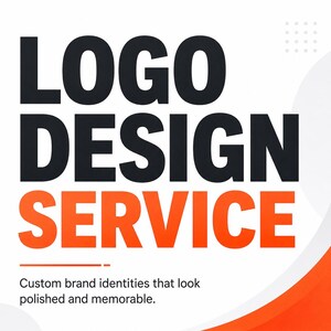 May include: A graphic advertisement featuring the bold black text LOGO DESIGN and the orange text SERVICE. Below this, smaller black text reads Custom brand identities that look polished and memorable. The design includes an orange curved corner.
