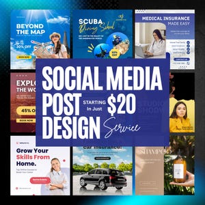 以下が含まれることがあります： ソーシャルメディア投稿デザインサービスを紹介するプロモーション画像。旅行、保険、美容製品など、さまざまな広告例が掲載されています。「ソーシャルメディア投稿デザインサービス」と「20ドルから」というテキストが含まれています。