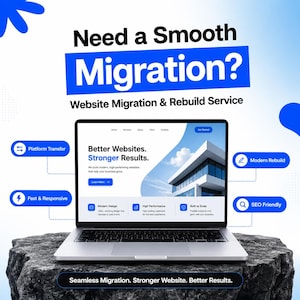 Op de afbeelding: Een zilveren laptop toont een website met de tekst "Better Websites. Stronger Results." De laptop staat op een donkere rots. De omringende tekst bevat "Need a Smooth Migration?", "Website Migration & Rebuild Service" en "Seamless Migration. Stronger Website. Better Results."
