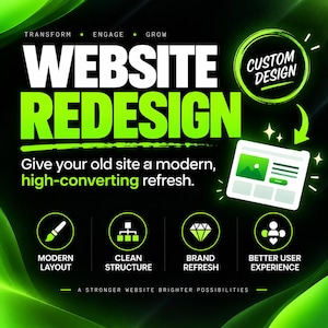 Może przedstawiać: Czarno-neonowo-zielona reklama graficzna usług projektowania stron internetowych. Tekst zawiera "WEBSITE REDESIGN", "TRANSFORM ENGAGE GROW", "Give your old site a modern, high-converting refresh" oraz "A STRONGER WEBSITE BRIGHTER POSSIBILITIES".