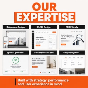 Bold website design service banner with orange and black typography promoting custom web design and professional website development.