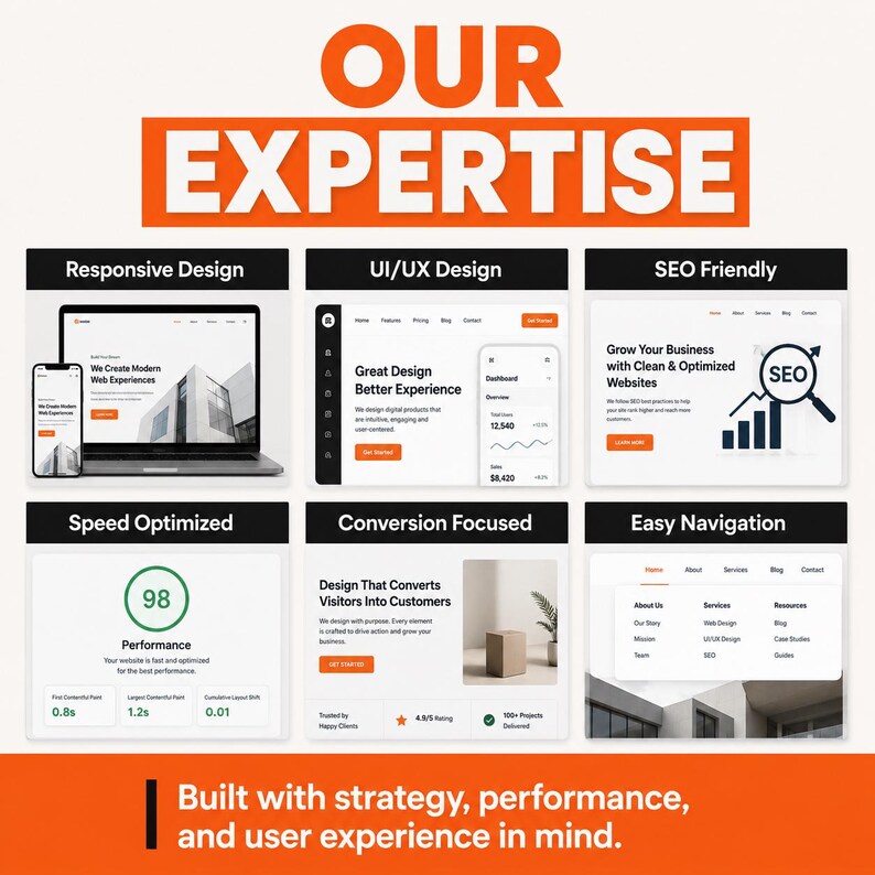Bold website design service banner with orange and black typography promoting custom web design and professional website development.
