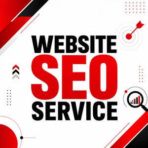 May include: A square graphic design featuring the text WEBSITE SEO SERVICE in bold black and red lettering. The layout includes a red target icon with an arrow, a magnifying glass with a bar chart, and geometric red and black corner accents.