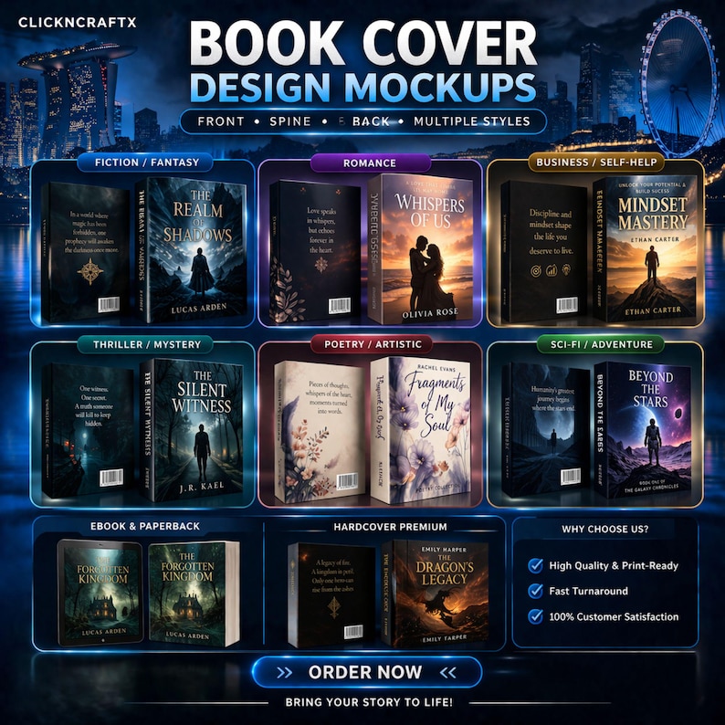 Puede incluir: Imagen promocional que muestra maquetas de dise&ntilde;o de portadas de libros. La imagen muestra varias portadas de libros categorizadas por g&eacute;nero, incluyendo ficci&oacute;n, romance, negocios, thriller, poes&iacute;a y ciencia ficci&oacute;n. El texto "BOOK COVER DESIGN MOCKUPS" se muestra de forma destacada.