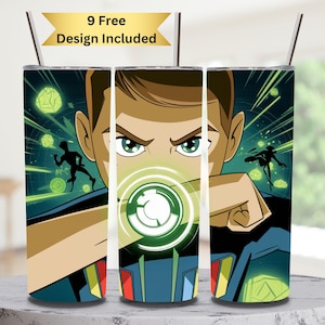 Copo descartável animado Ben | Copo fino de 20 onças com desenho de super-herói de desenho animado | Ilustração de personagem fictício | Design de relógio Green Power