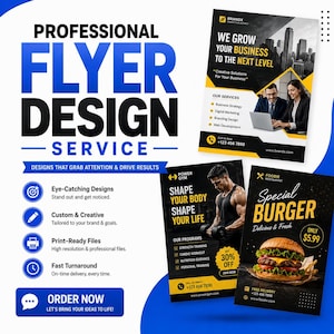 Puede incluir: Un anuncio de servicio de diseño profesional de folletos con texto grande en azul y negro. Se muestran tres ejemplos de folletos: uno para una agencia de marketing, uno para un gimnasio y otro para un restaurante de hamburguesas.