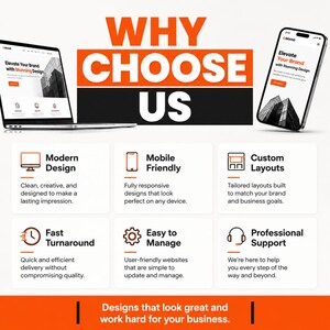 Bold website design service banner with orange and black typography promoting custom web design and professional website development.
