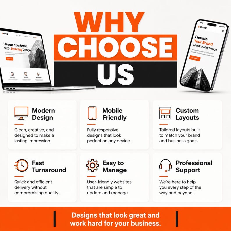 Bold website design service banner with orange and black typography promoting custom web design and professional website development.