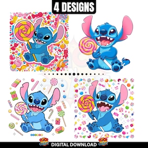 Paquete de imágenes prediseñadas de Stitch Candy 4 en 1 / 4 adorables diseños PNG de piruletas alienígenas / Descarga digital de dibujos animados kawaii / Archivos de sublimación instantánea