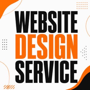 May include: A square graphic with a white background featuring the text WEBSITE DESIGN SERVICE in bold black and orange lettering. The design includes abstract orange curved lines, black dots, and a black wave shape in the bottom right corner.