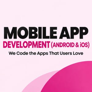 Op de afbeelding: Een grafisch ontwerp met de zwarte tekst MOBILE APP, de magenta tekst DEVELOPMENT (ANDROID & iOS) en de zwarte tekst We Code the Apps That Users Love, op een lichtroze achtergrond met magenta cirkelvormige elementen.