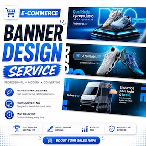 Puede incluir: Un gráfico promocional para servicios de diseño de banners de comercio electrónico. El diseño presenta el texto "BANNER DESIGN SERVICE" en letras azules grandes, con texto de apoyo que destaca diseños profesionales, altas tasas de conversión y entrega rápida. Gráficos adicionales muestran comercio electrónico, diseño personalizado y resultados.