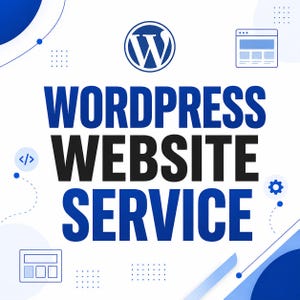 Può includere: Un design grafico con il logo blu di WordPress in alto, seguito dal testo in grassetto WORDPRESS WEBSITE SERVICE in blu e nero. Il design include icone di una finestra del browser web, parentesi di codice e un ingranaggio su sfondo bianco.