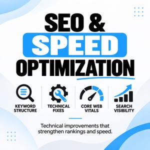 May include: A graphic design featuring the text SEO & SPEED OPTIMIZATION in black and white against a blue background. Below are four icons representing keyword structure, technical fixes, core web vitals, and search visibility with text.