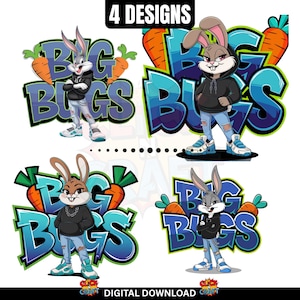4 in 1 Big Bugs Streetwear Clipart | 4 Cool Cartoon Rabbit PNG Designs | Hip Hop Bunny Digital Download | Urban Style Sublimation Art