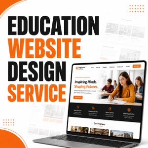 Op de afbeelding: Een laptop met een website voor Brightwood Academy met de tekst Inspiring Minds. Shaping Futures. Het scherm toont een student die aan een bureau schrijft. Grote vette tekst aan de linkerkant luidt EDUCATION WEBSITE DESIGN SERVICE in zwart en oranje.