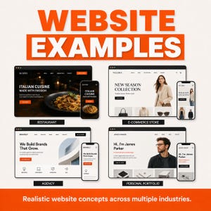 May include: A graphic display titled WEBSITE EXAMPLES featuring four distinct website layouts for a restaurant, e-commerce store, agency, and personal portfolio. Each layout includes a desktop view and a mobile view, showcasing various text and imagery.