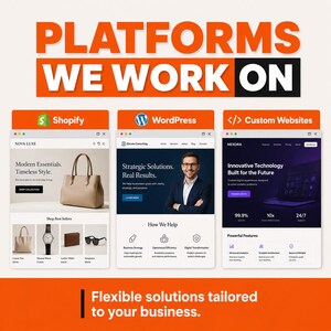 May include: A graphic display titled PLATFORMS WE WORK ON featuring three website interface examples for Shopify, WordPress, and Custom Websites. Each section shows a unique layout with text, imagery, and icons. The bottom text reads Flexible solutions tailored to your business.