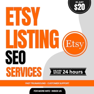 Puede incluir: Gráfico promocional en naranja y negro que promociona los servicios de SEO para listados de Etsy. El texto incluye "ETSY LISTING SEO SERVICES", "DELIVER WITHIN 24 hours" y "FAST TRUNAROUND - CUSTOMER SUPPORT". También hay un círculo con el logotipo de Etsy.