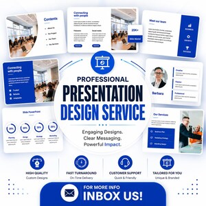 Puede incluir: Un anuncio de servicio de diseño de presentaciones profesionales con un icono azul central y el texto Professional Presentation Design Service. Rodeado de plantillas de diapositivas, iconos de servicio y el texto Inbox Us.