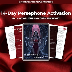 May include: A printable 14-day Persephone Activation journal with a red background and a digital illustration of a woman holding a pomegranate. The journal is designed to help balance light and dark femininity.