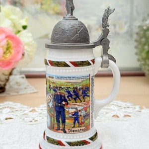 Petite chope à bière de réserviste allemand avec couvercle en étain – chope souvenir vintage, objet de collection vintage