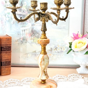 Vintage ljusstake i onyxmässing, 5-lågor, italiensk kandelaber, onyxmarmor, samlarobjekt, 39 cm
