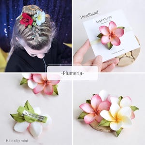 May include: A collection of plumeria flower hair accessories. The image shows a headband, hair clips, and a hair style with the flowers. The flowers are pink, white, and red with green leaves. The text "Hair clip mini" is visible.