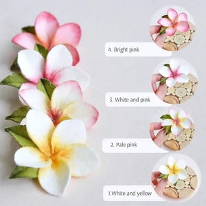 May include: Close-up of handmade plumeria flowers in various colors: bright pink, white and pink, pale pink, and white and yellow. The image also includes the text "4. Bright pink", "3. White and pink", "2. Pale pink", and "1. White and yellow".