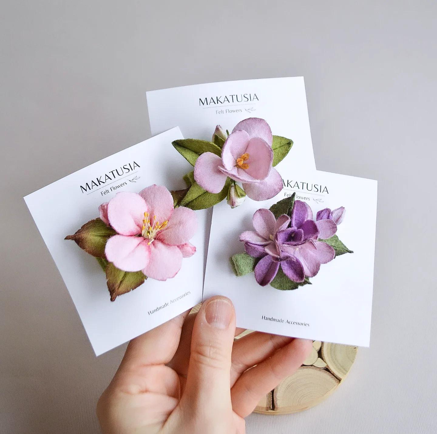 Felt Flowers Hair Accessories: Sakura Blossoms, Crocuses, Lilacs
