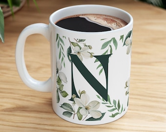 Personalized Initial Botanical Mug: Custom Letter Coffee Cup, Vintage Floral Monogram Gift, Flower Ceramic Mug