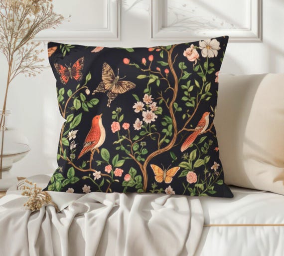 Vintage Birds Floral Velvet Pillowcase: Botanical Cottagecore