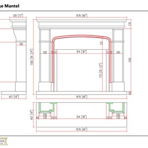 May include: Technical drawing of the Claridge Mantel, a fireplace surround. The drawing includes dimensions in inches, such as 66 inches wide and 54 3/4 inches high. The design features a detailed, classical style with a rectangular base and a decorative top.