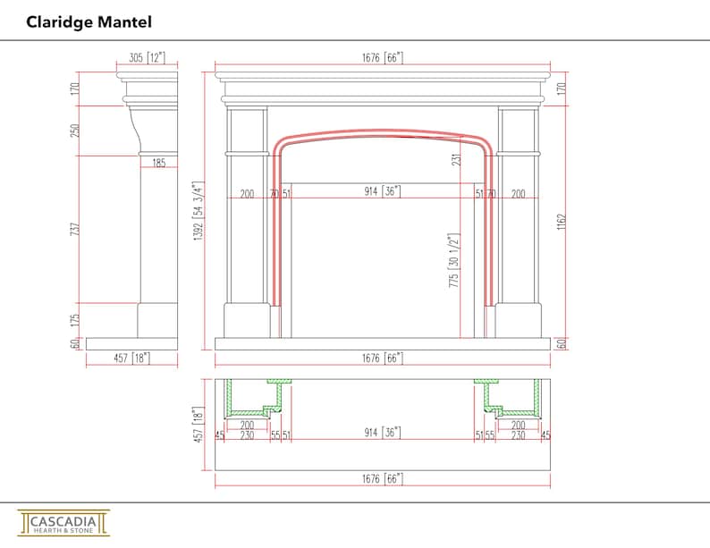 May include: Technical drawing of the Claridge Mantel, a fireplace surround. The drawing includes dimensions in inches, such as 66 inches wide and 54 3/4 inches high. The design features a detailed, classical style with a rectangular base and a decorative top.