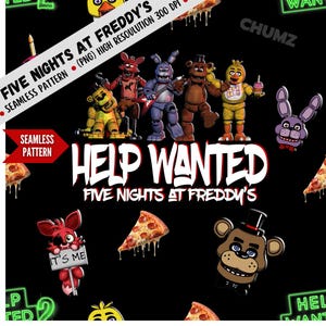 May include: A black seamless pattern featuring characters from Five Nights at Freddy's, including Freddy, Bonnie, Chica, and Foxy. The words "Help Wanted" and "Five Nights at Freddy's" are prominently displayed. Pizza slices are also scattered across the design.