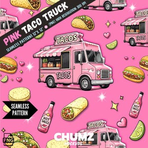 May include: A pink seamless pattern featuring pink taco trucks, tacos, burritos, lime wedges, hearts, and hot sauce bottles. The text "PINK TACO TRUCK" and "SEAMLESS PATTERN" are also visible. The pattern is 12" x 12".