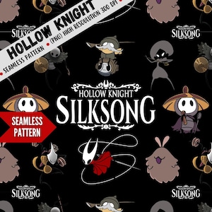 Könnte beinhalten: Nahtloses Muster mit Hollow Knight Silksong-Charakteren auf schwarzem Hintergrund. Das Design umfasst verschiedene Charaktere in verschiedenen Posen, mit dem Text "Hollow Knight Silksong" und "Nahtloses Muster" überlagert. Hohe Auflösung 300 DPI.