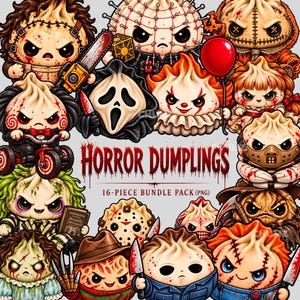 May include: A digital collection of 16 horror-themed dumpling characters featuring iconic movie villains, including a chainsaw-wielding figure, a masked slasher, and a clown with a red balloon. The text reads HORROR DUMPLINGS 16-PIECE BUNDLE PACK (PNG).