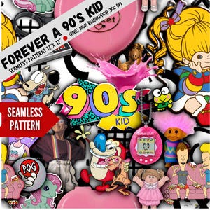 May include: A seamless pattern featuring 90s pop culture icons, including cartoon characters, a Tamagotchi, and the text "FOREVER A 90'S KID." The design includes a variety of colors and is suitable for various applications.